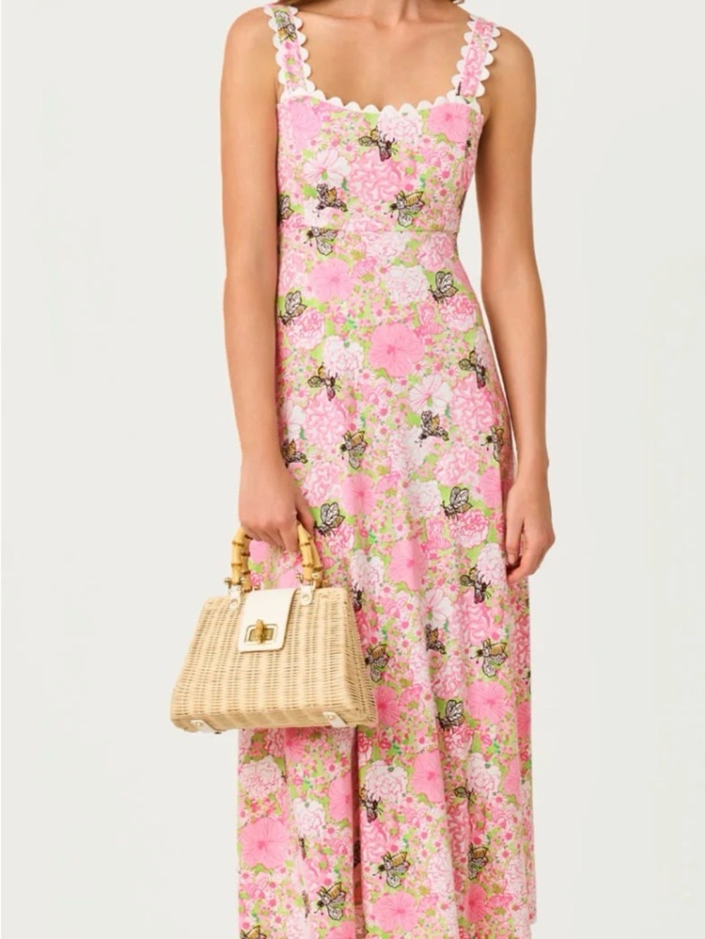 Lilly Pulitzer Dwyer Pink Floral Scalloped-Strap Midi Dress